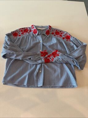 Zara Blue-and-White Striped Button-Down with Red Floral Embroidery